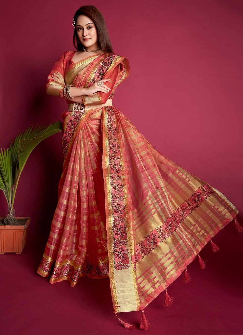 Classic Organza Silk Pink Embroidered Saree