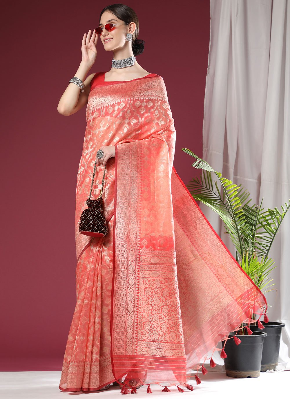 Classic Organza Silk Peach Weaving Saree
