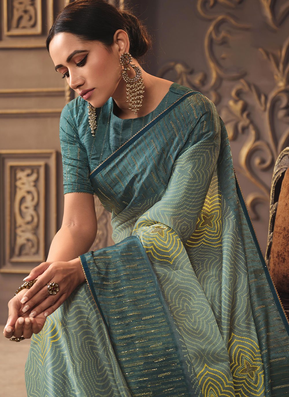 Designer Organza Silk Sea Green Foil Print Saree