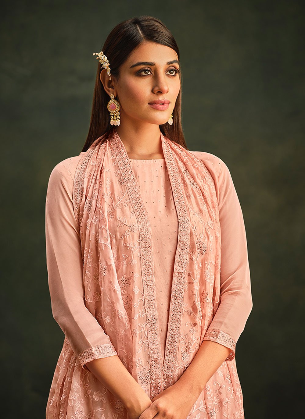 Salwar Suit Organza Peach Embroidered Salwar Kameez