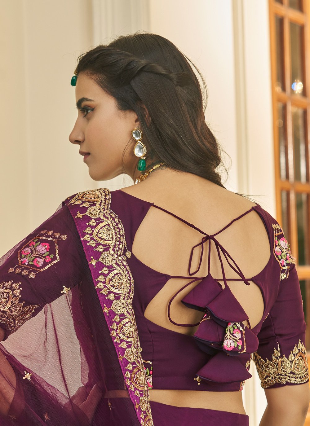 A Line Lehenga Organza Wine Embroidered Lehenga Choli