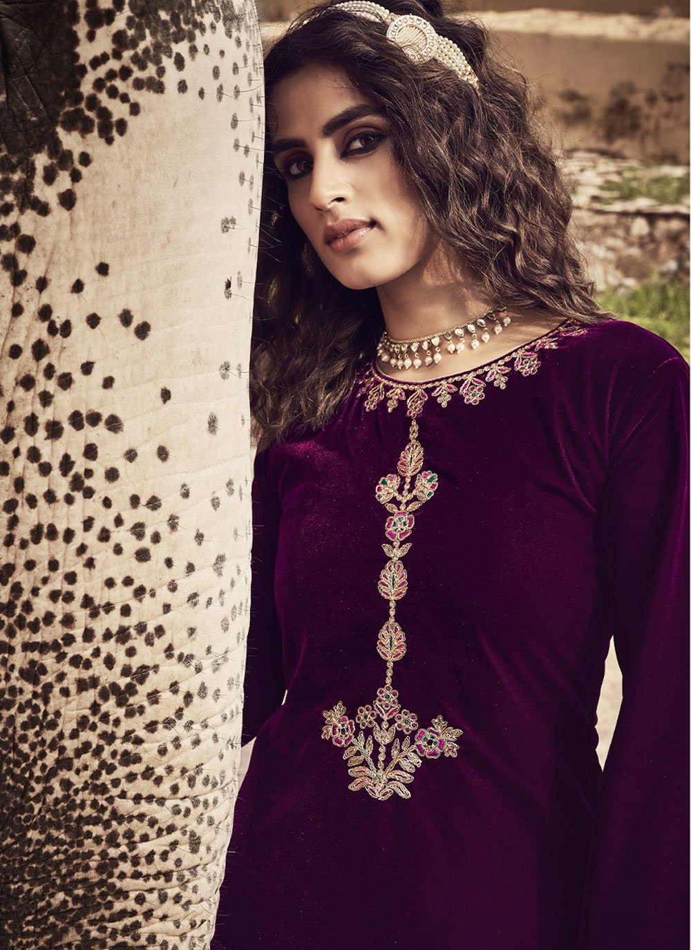 Pakistani Salwar Suit Velvet Purple Embroidered Salwar Kameez