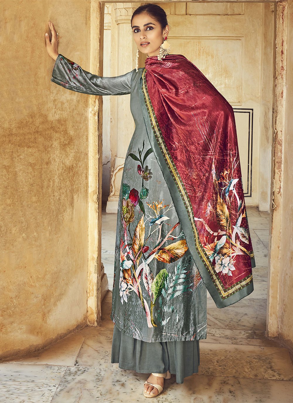 Palazzo Salwar Suit Velvet Grey Digital Print Salwar Kameez