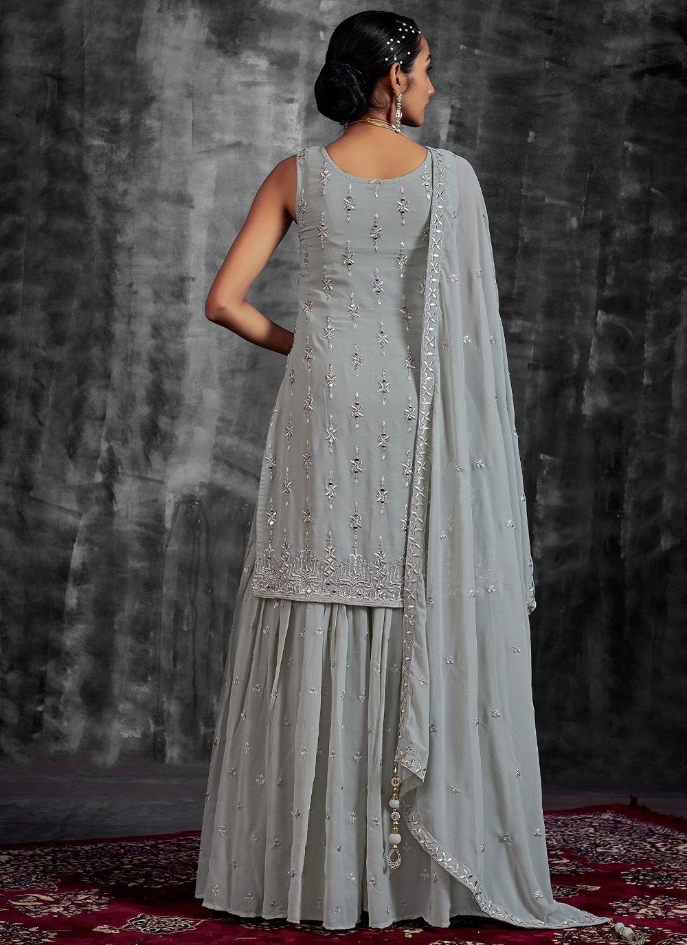 Palazzo Salwar Suit Georgette Grey Mirror Salwar Kameez