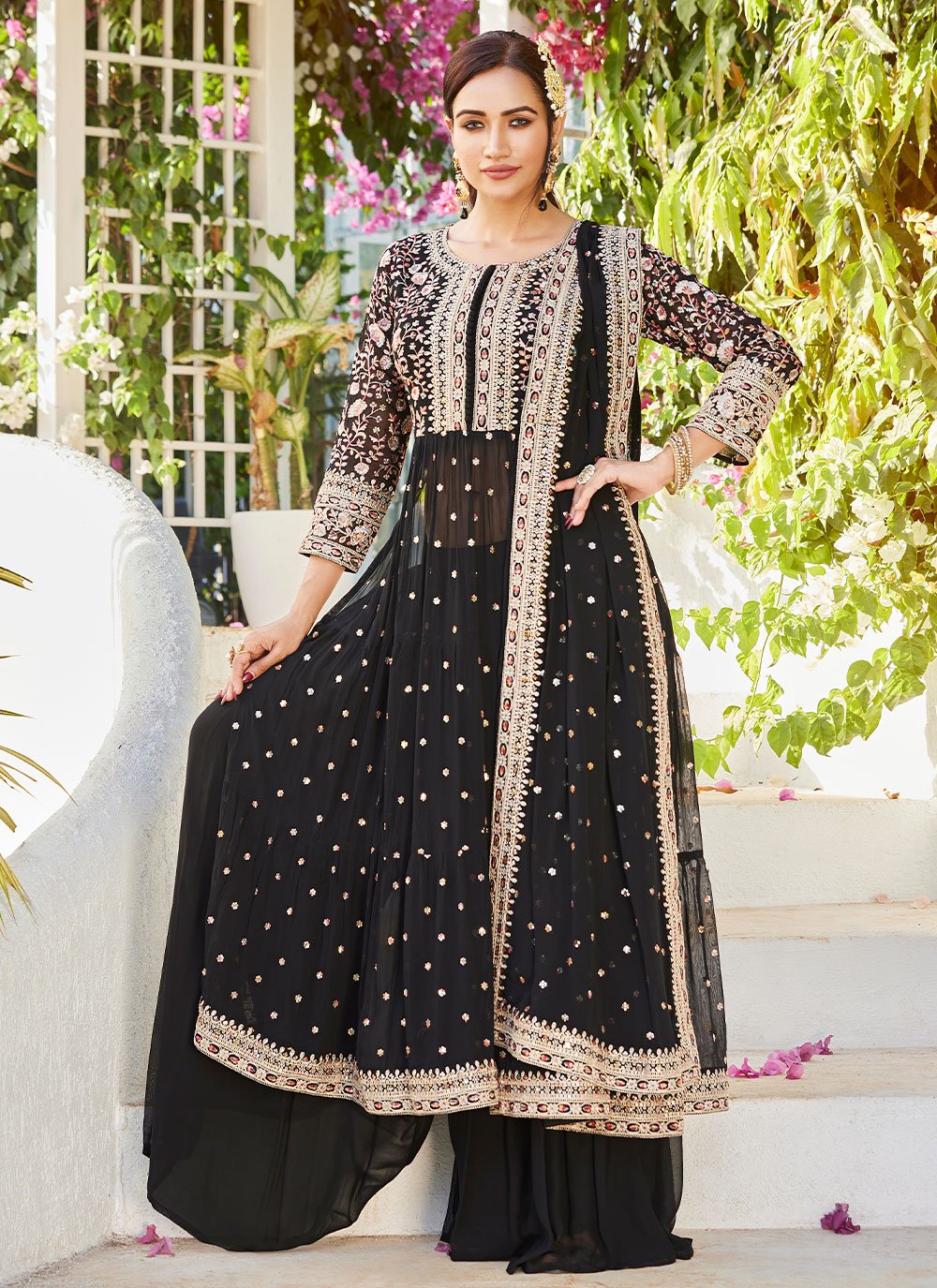 Palazzo Salwar Suit Georgette Black Embroidered Salwar Kameez