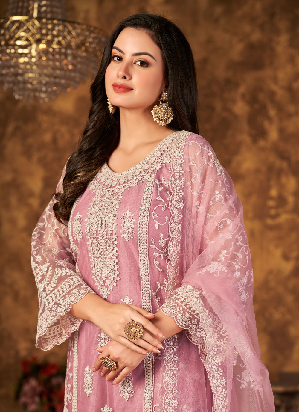 Palazzo Salwar Suit Net Pink Embroidered Salwar Kameez