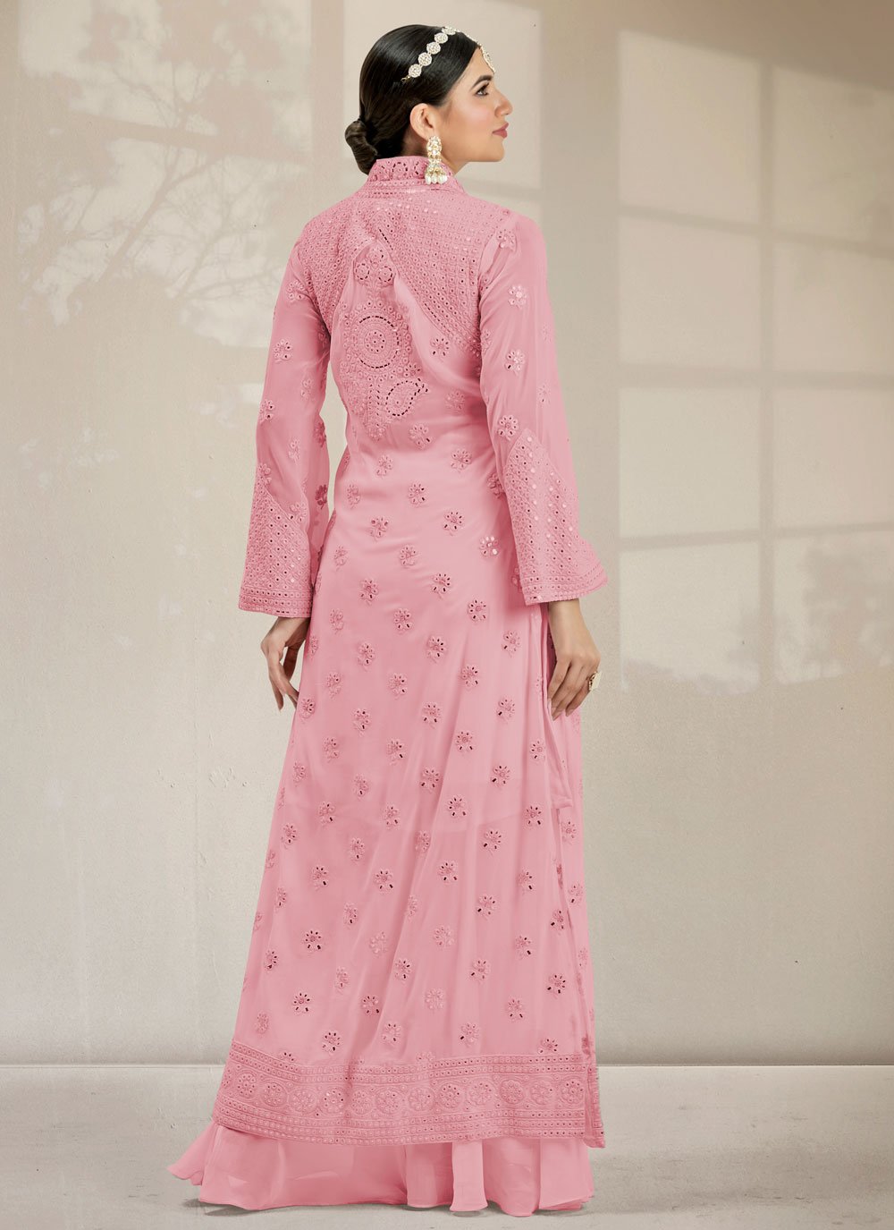 Palazzo Salwar Suit Georgette Pink Embroidered Salwar Kameez