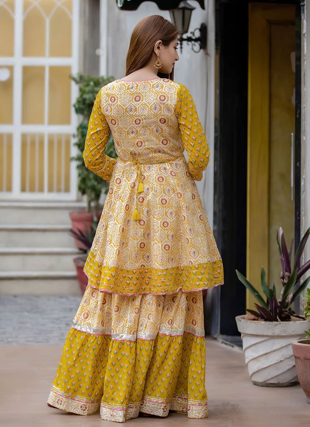 Palazzo Salwar Suit Cotton Mustard Print Salwar Kameez