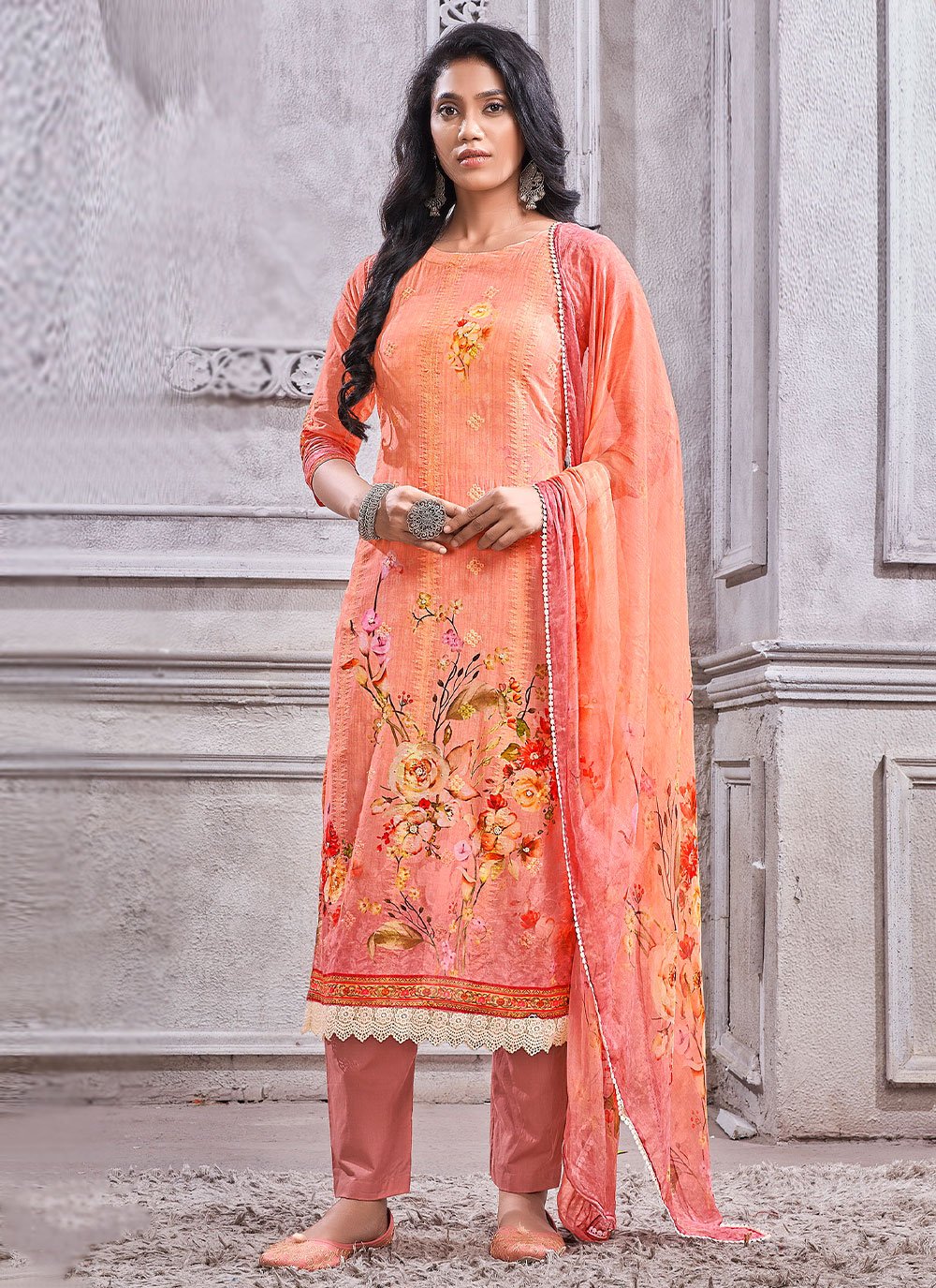 Pant Style Suit Cotton Lawn Peach Digital Print Salwar Kameez