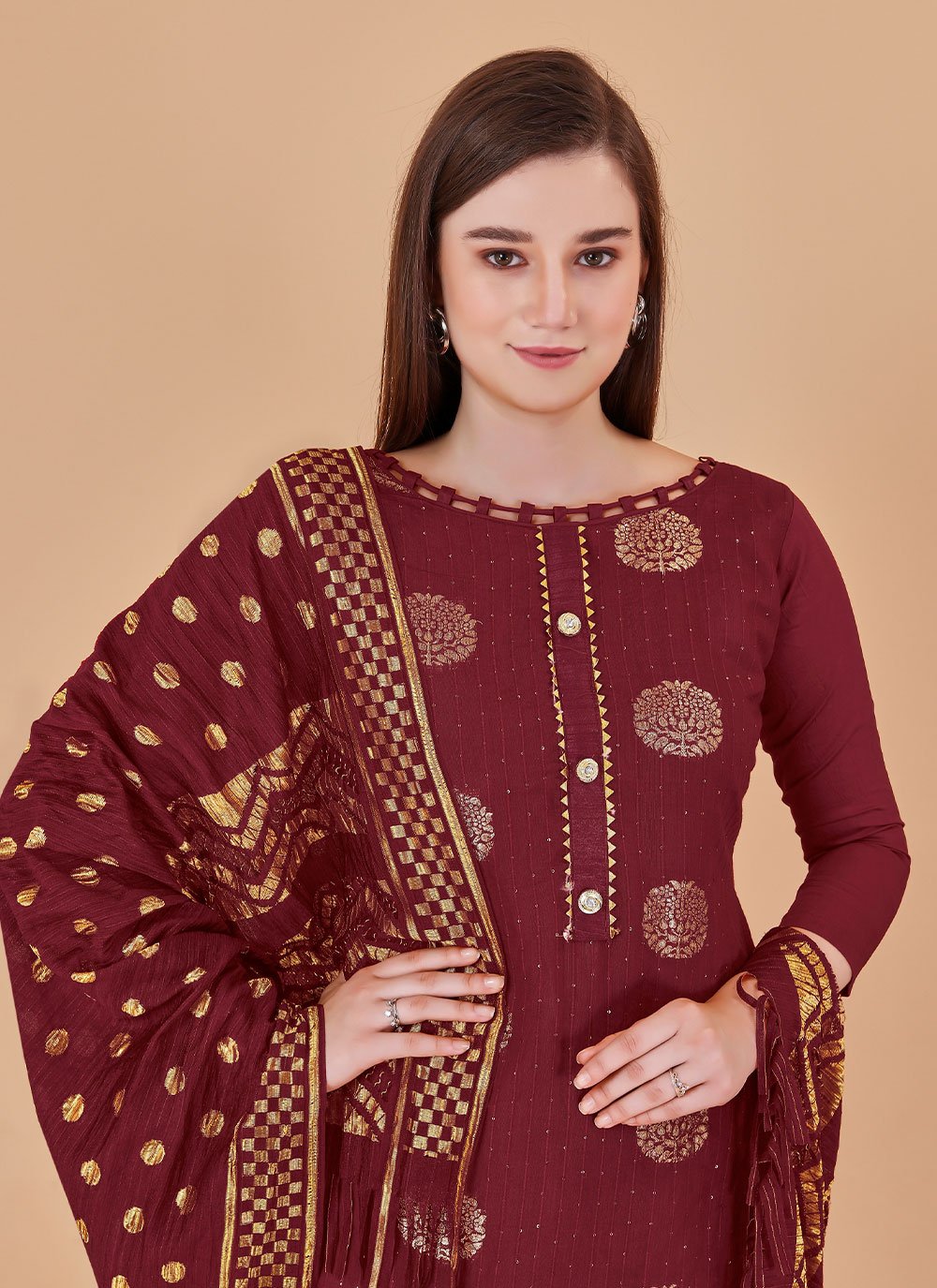 Pant Style Suit Banarasi Silk Maroon Booti Salwar Kameez