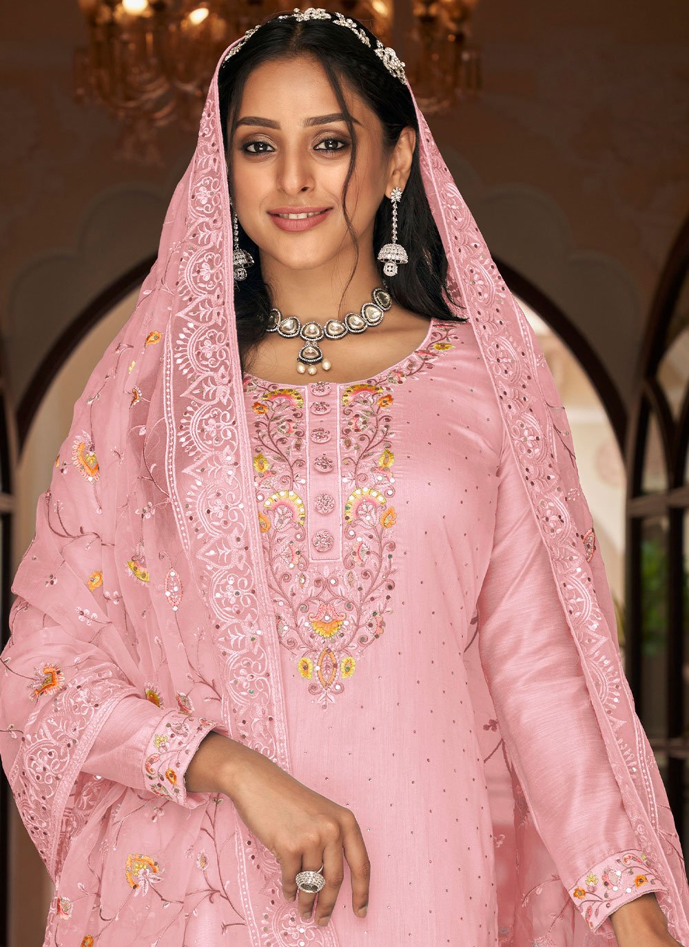 Pant Style Suit Faux Georgette Pink Embroidered Salwar Kameez