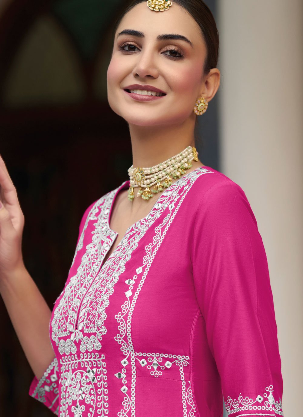 Pant Style Suit Silk Fuchsia Embroidered Salwar Kameez