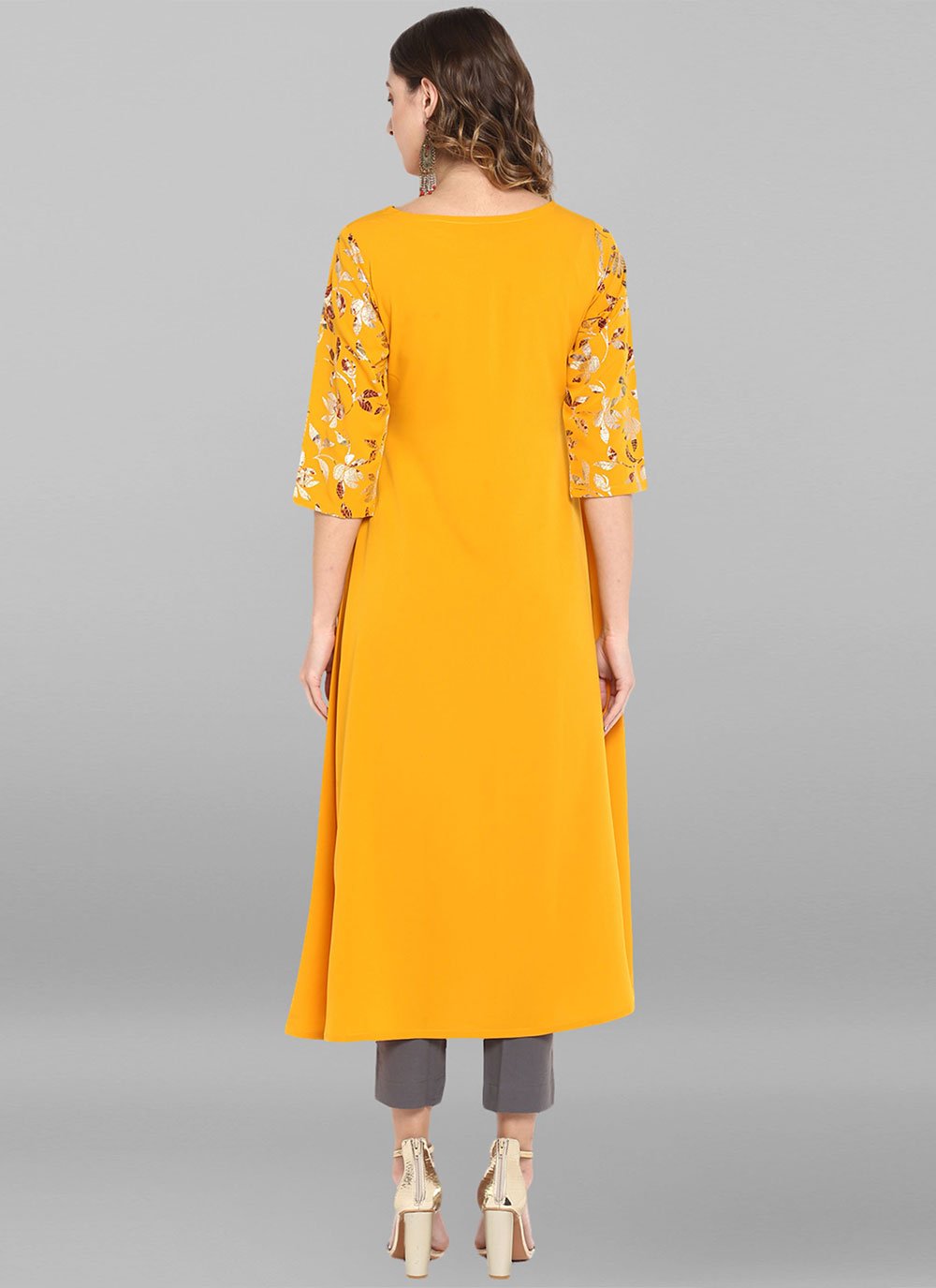 Party Wear Kurti Faux Crepe Mustard Foil Print Kurtis