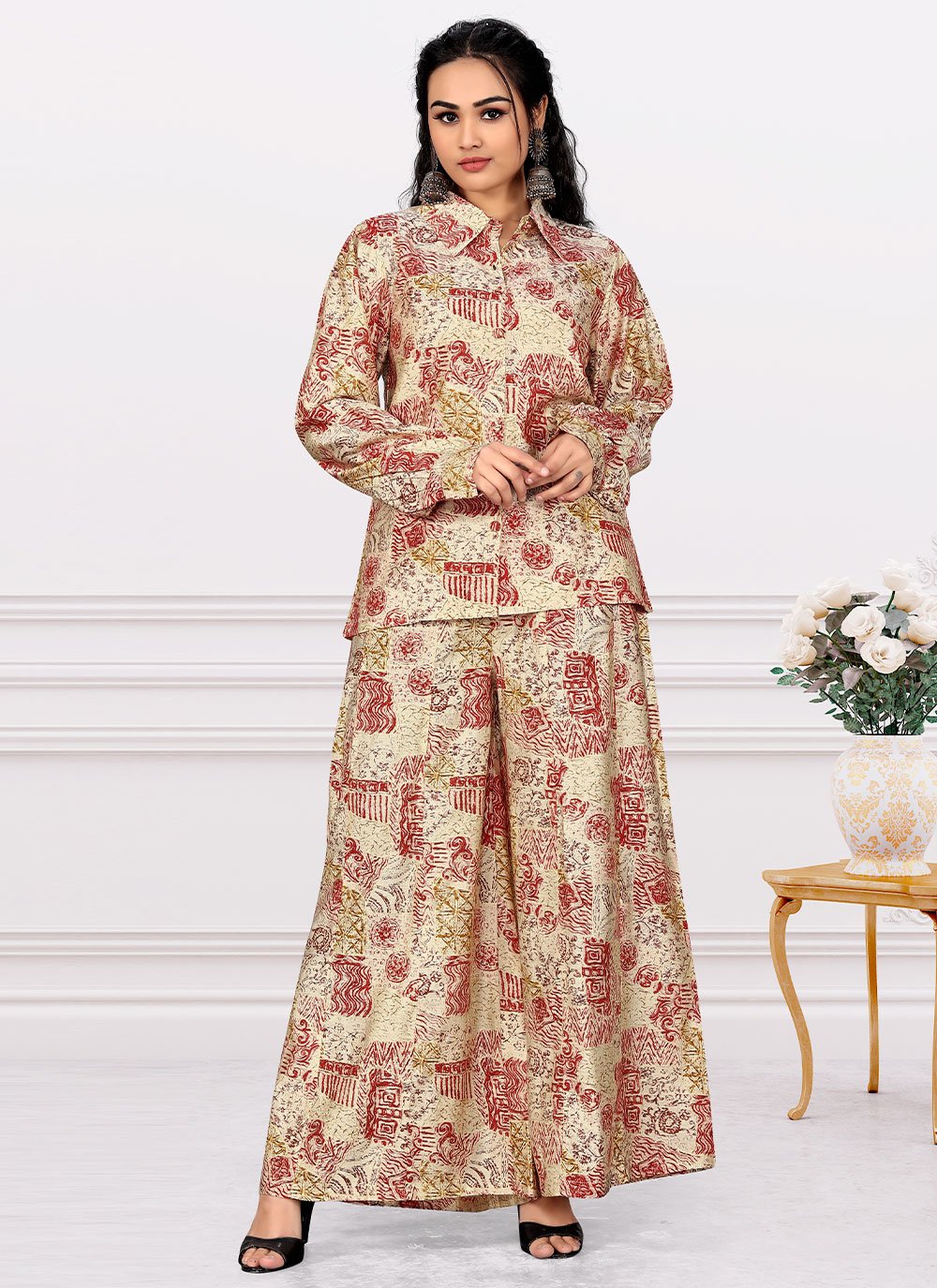 Party Wear Kurti Cotton Beige Print Kurtis