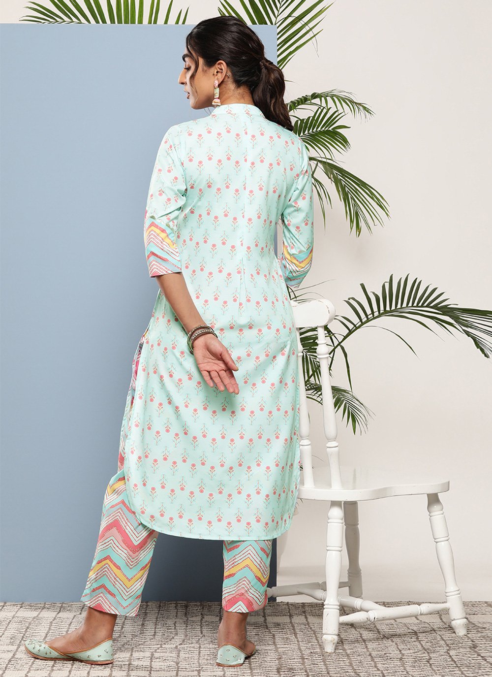 Party Wear Kurti Crepe Silk Aqua Blue Print Kurtis