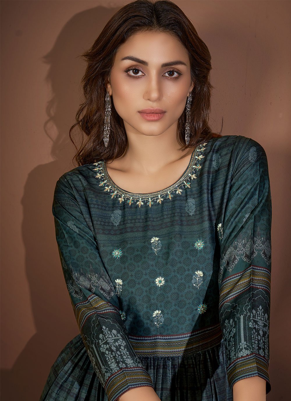 Party Wear Kurti Muslin Viscose Morpeach Embroidered Kurtis