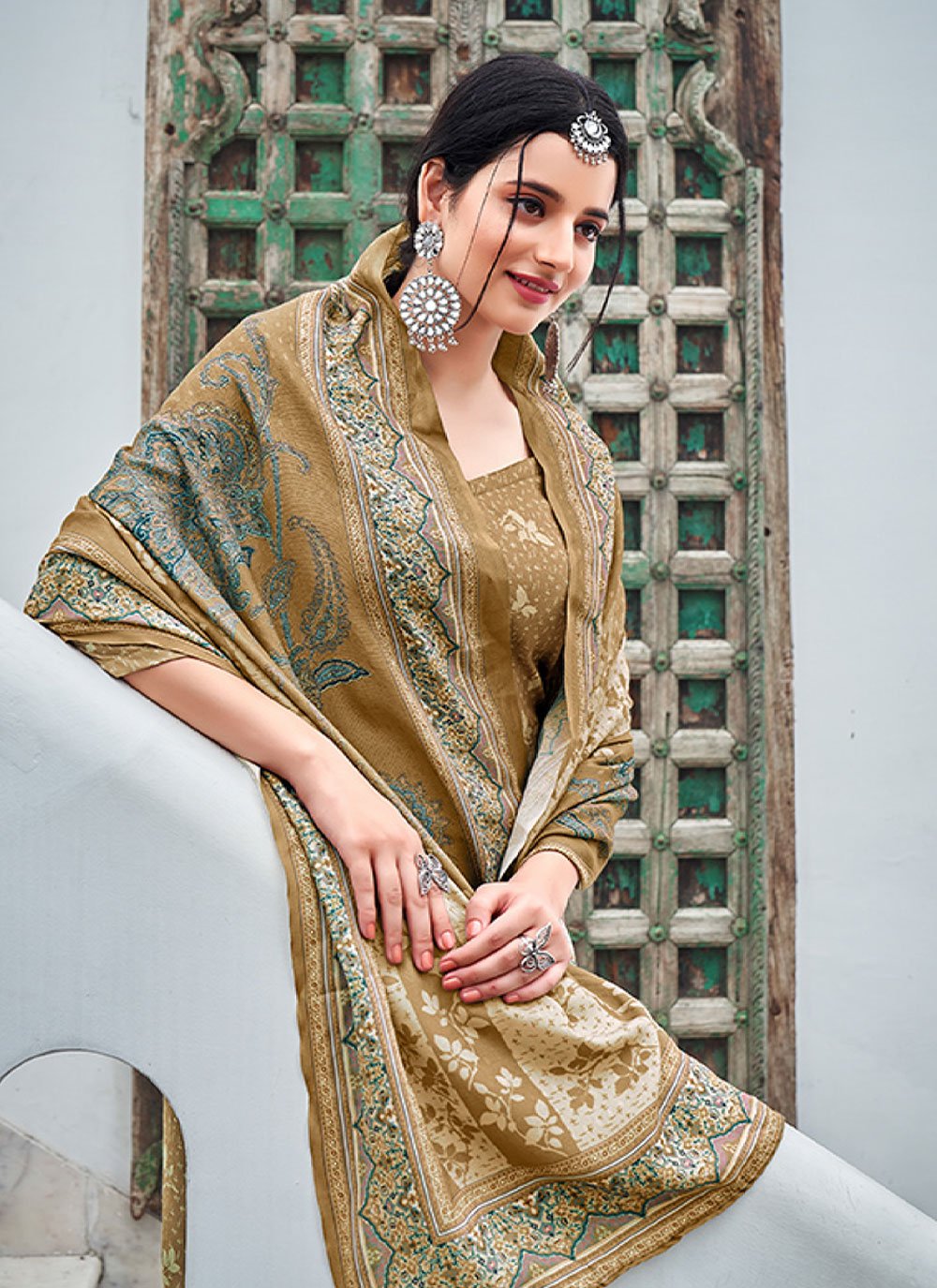 Palazzo Salwar Suit Pashmina Brown Digital Print Salwar Kameez
