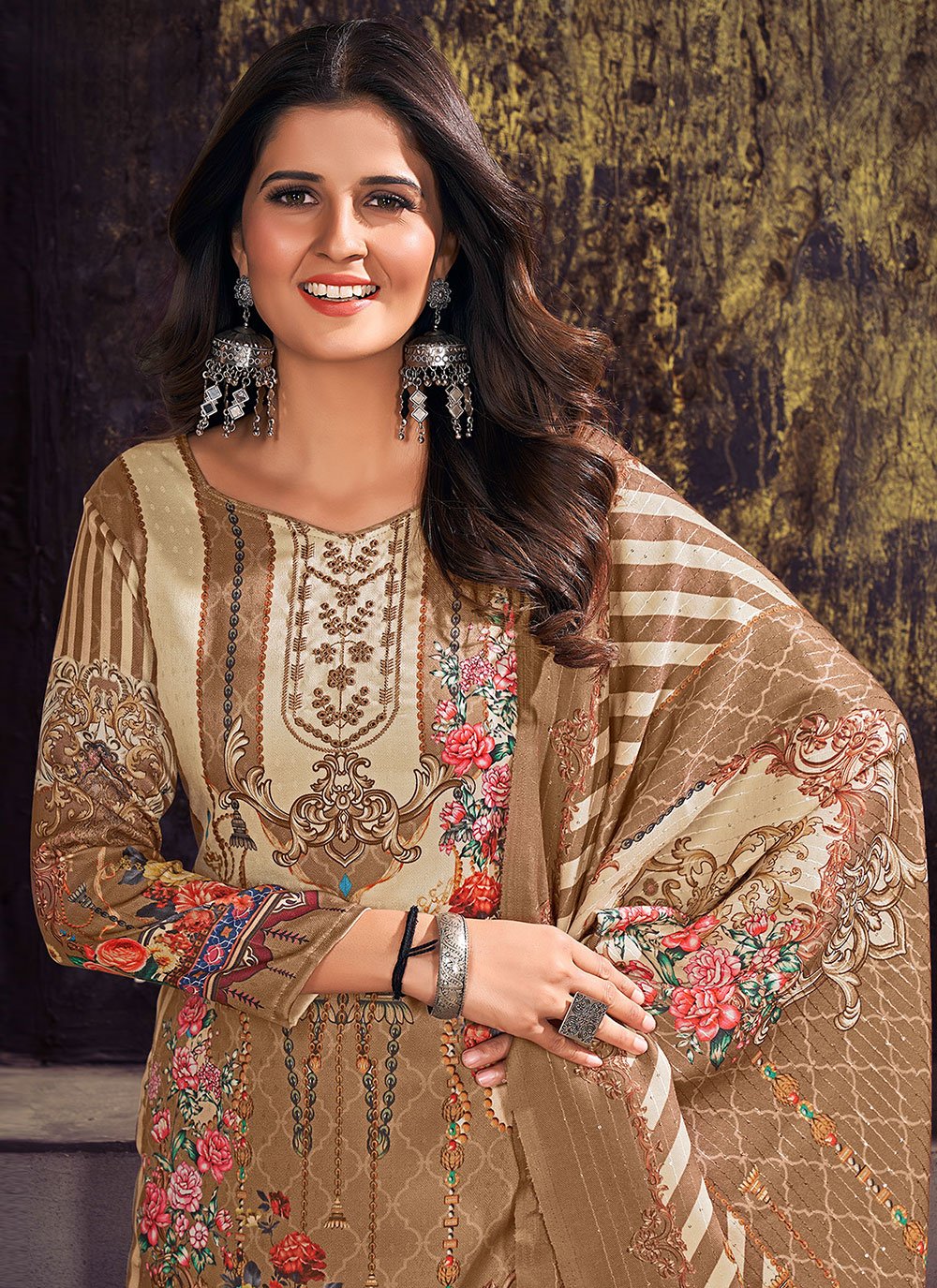 Salwar Suit Pashmina Brown Digital Print Salwar Kameez