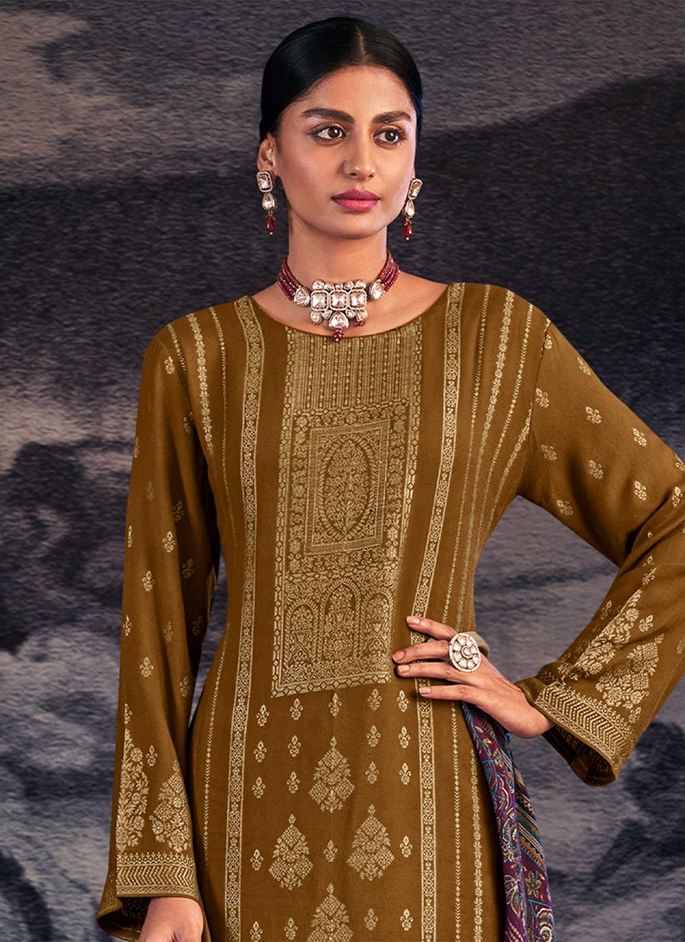 Palazzo Salwar Suit Pashmina Gold Jacquard Work Salwar Kameez
