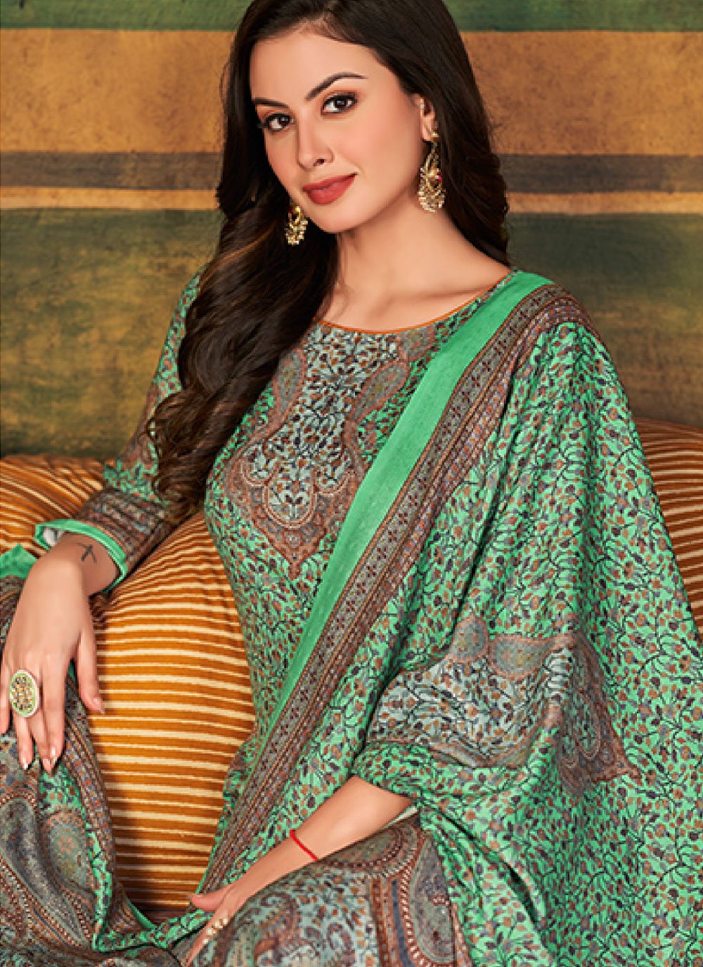 Salwar Suit Pashmina Green Digital Print Salwar Kameez