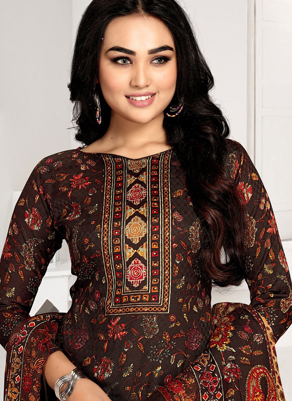Palazzo Salwar Suit Pashmina Maroon Print Salwar Kameez