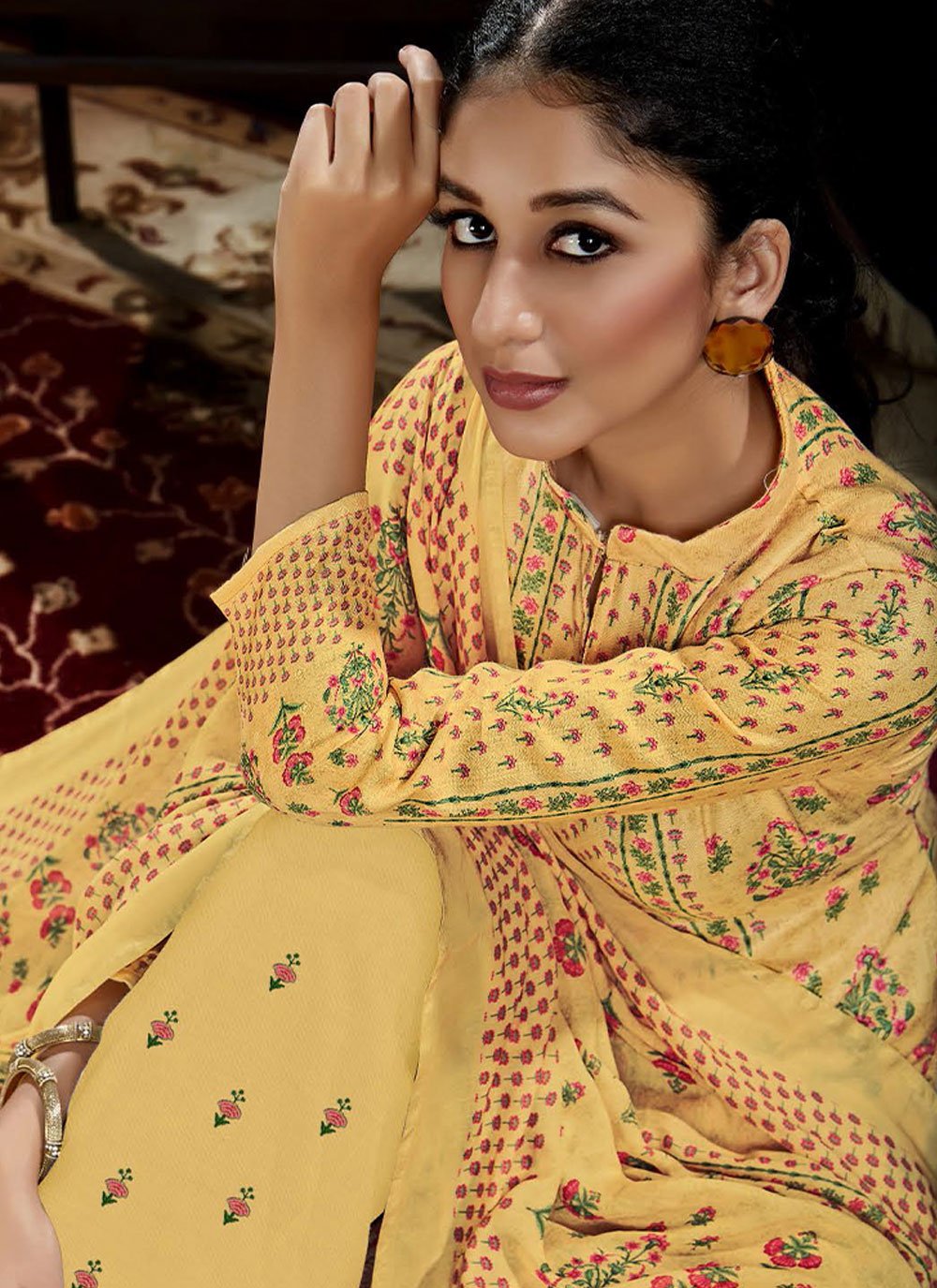 Salwar Suit Pashmina Yellow Print Salwar Kameez