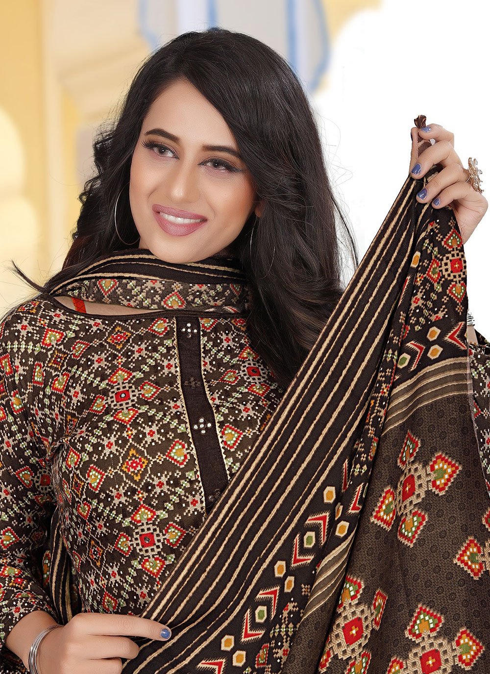 Salwar Suit Pashmina Brown Print Salwar Kameez