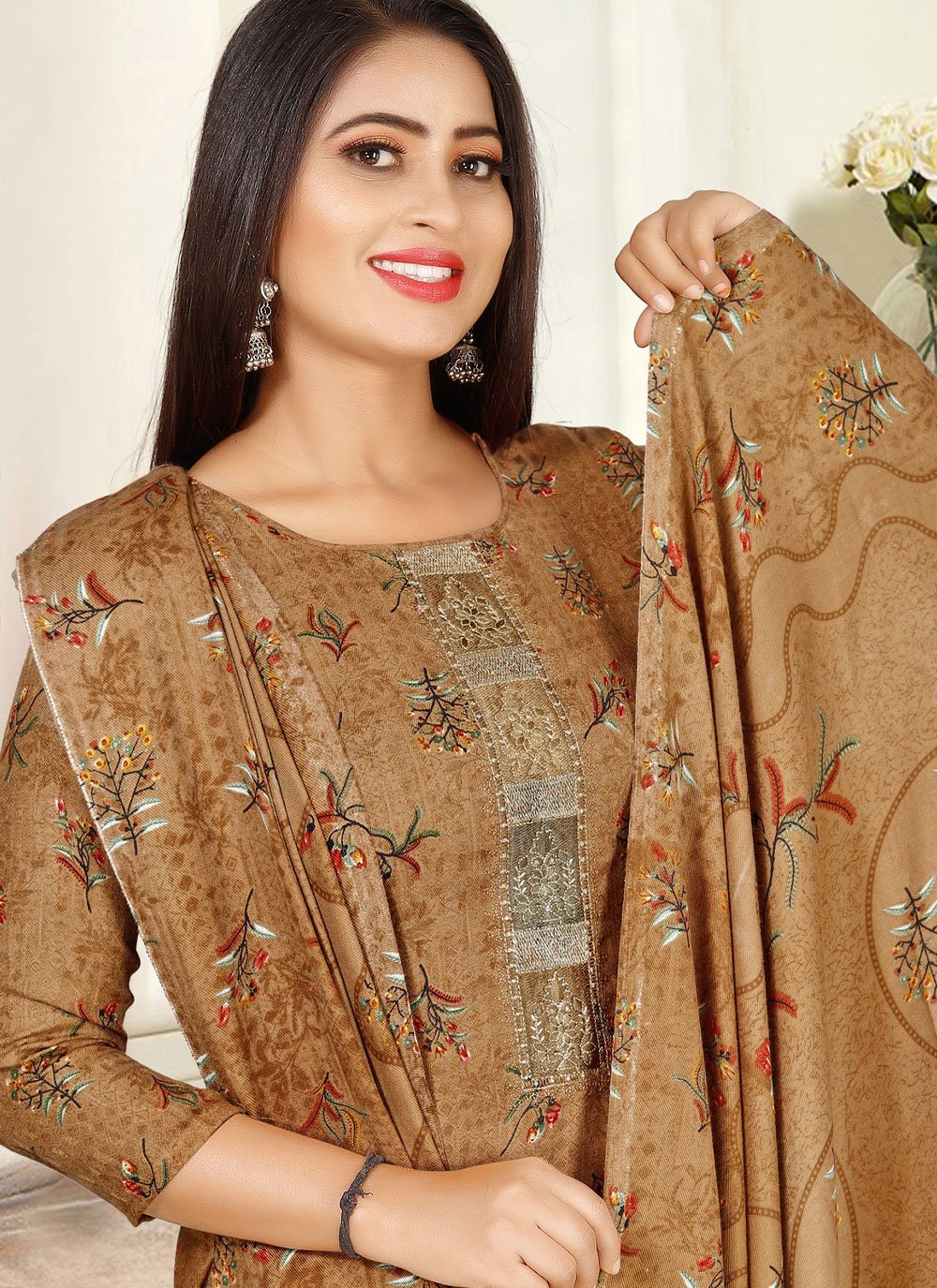 Straight Salwar Suit Pashmina Brown Hand Work Salwar Kameez