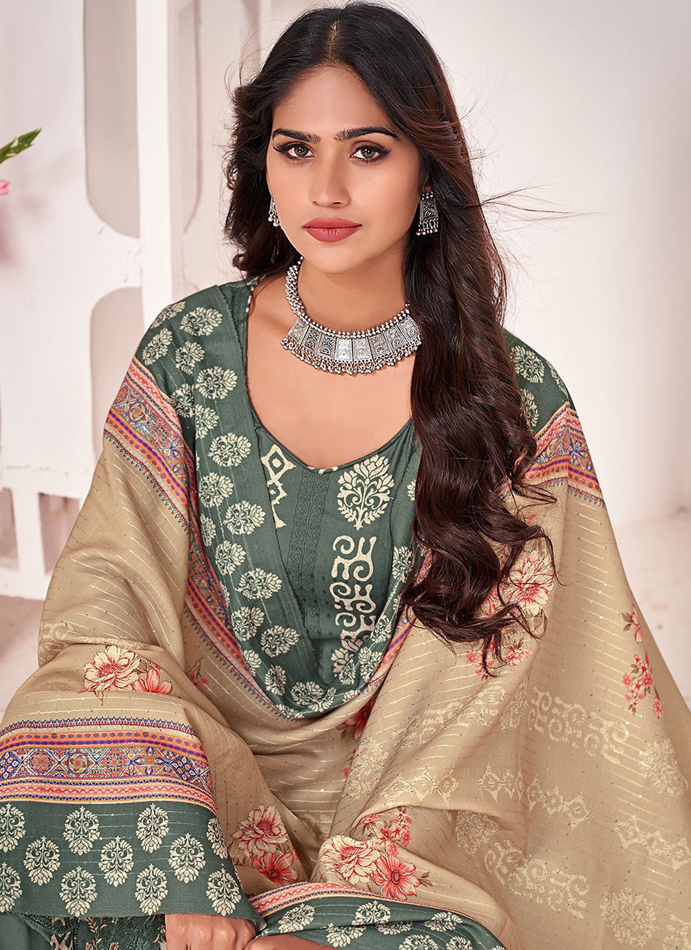 Salwar Suit Pashmina Green Digital Print Salwar Kameez