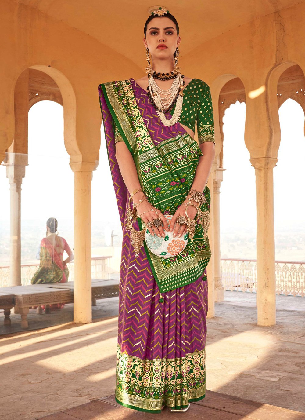Classic Silk Green Wine Patola Print Saree