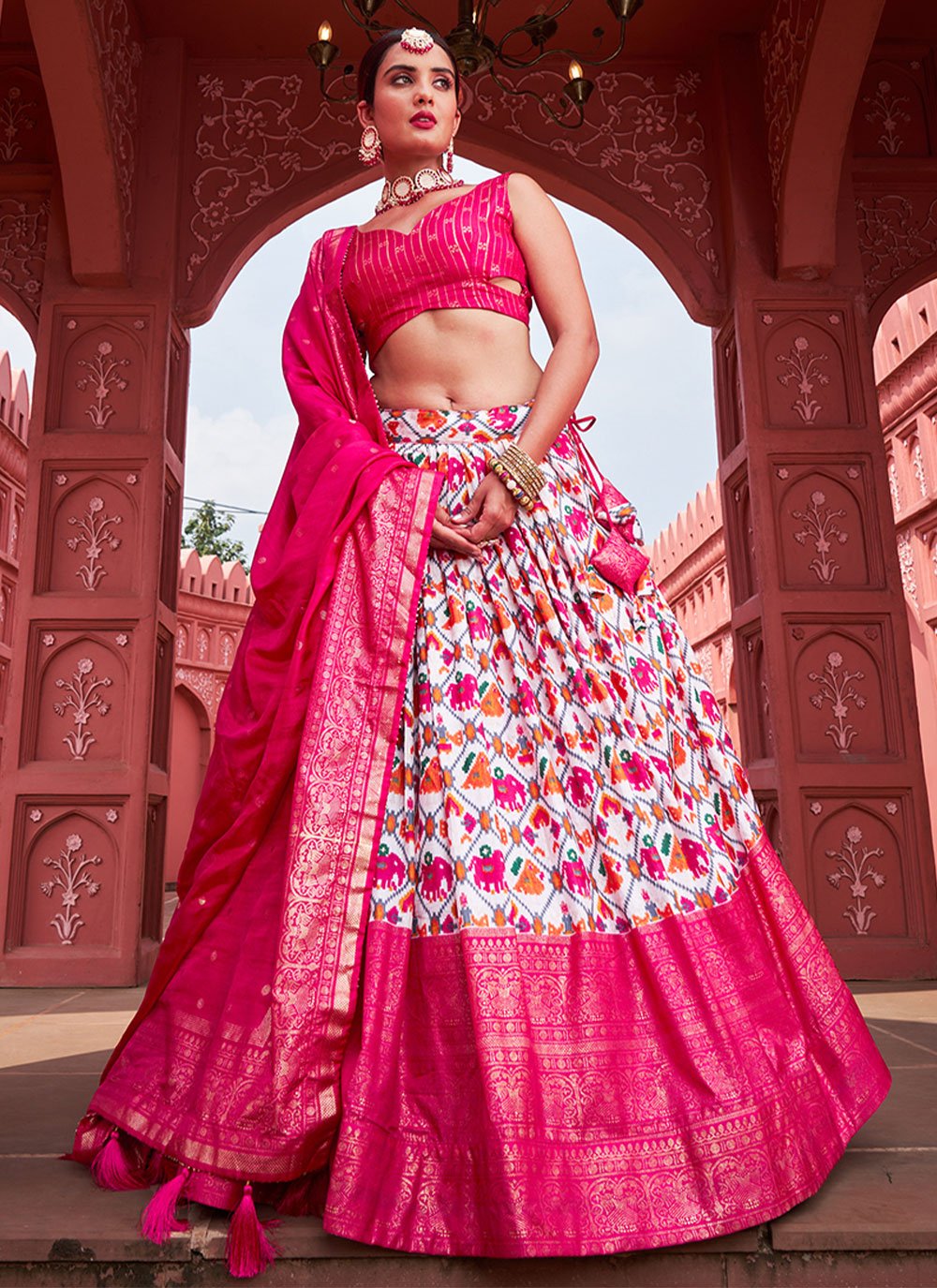 A Line Lehenga Silk Hot Pink Foil Print Lehenga Choli