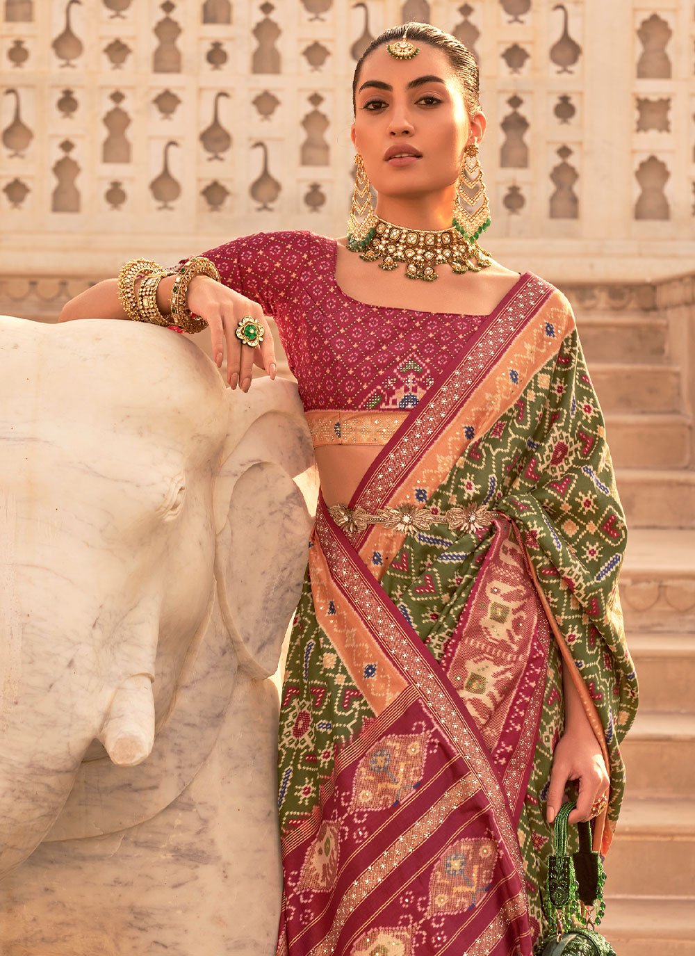 Contemporary Patola Silk Green Maroon Weaving Saree