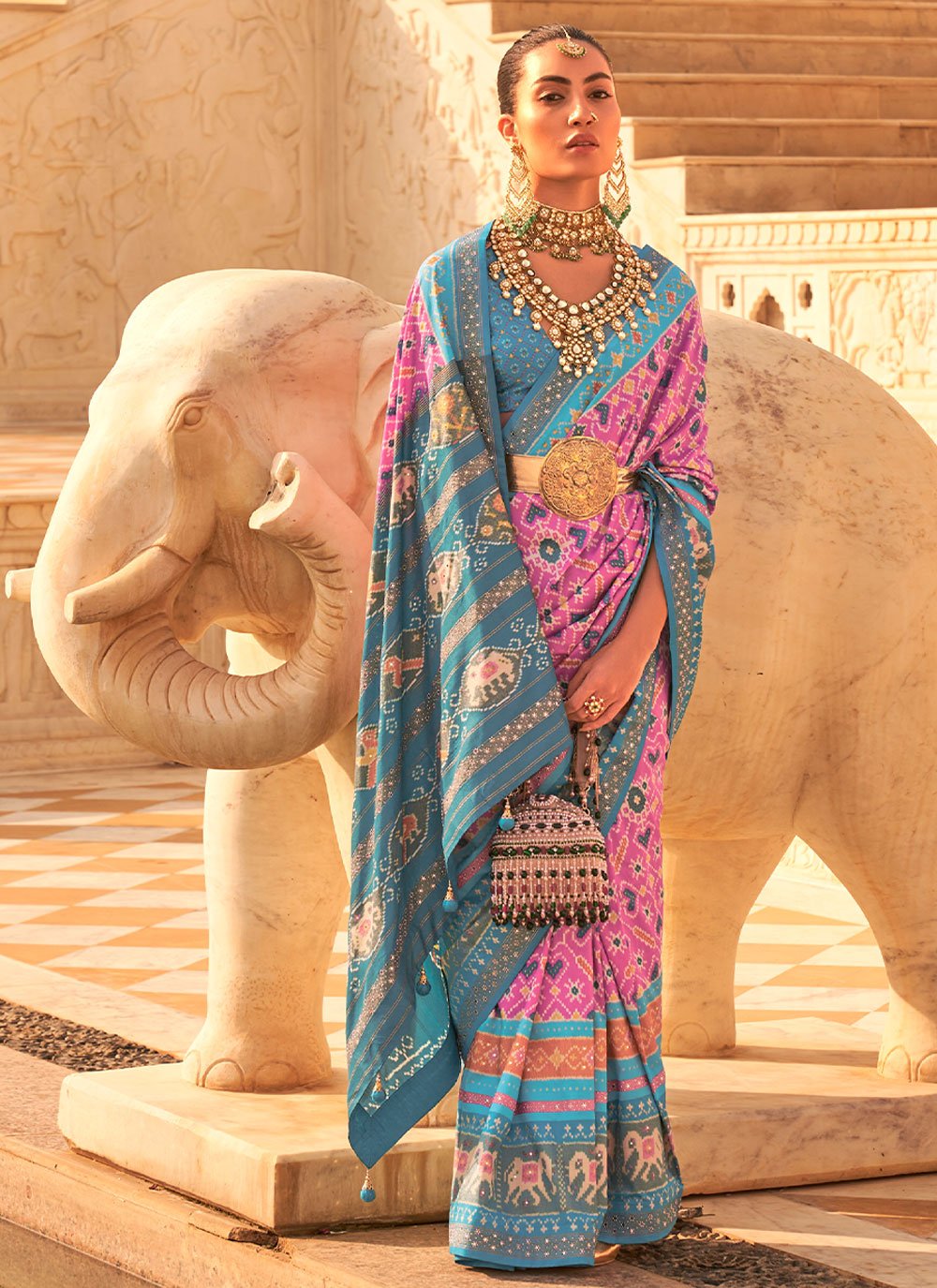 Classic Patola Silk Purple Turquoise Weaving Saree