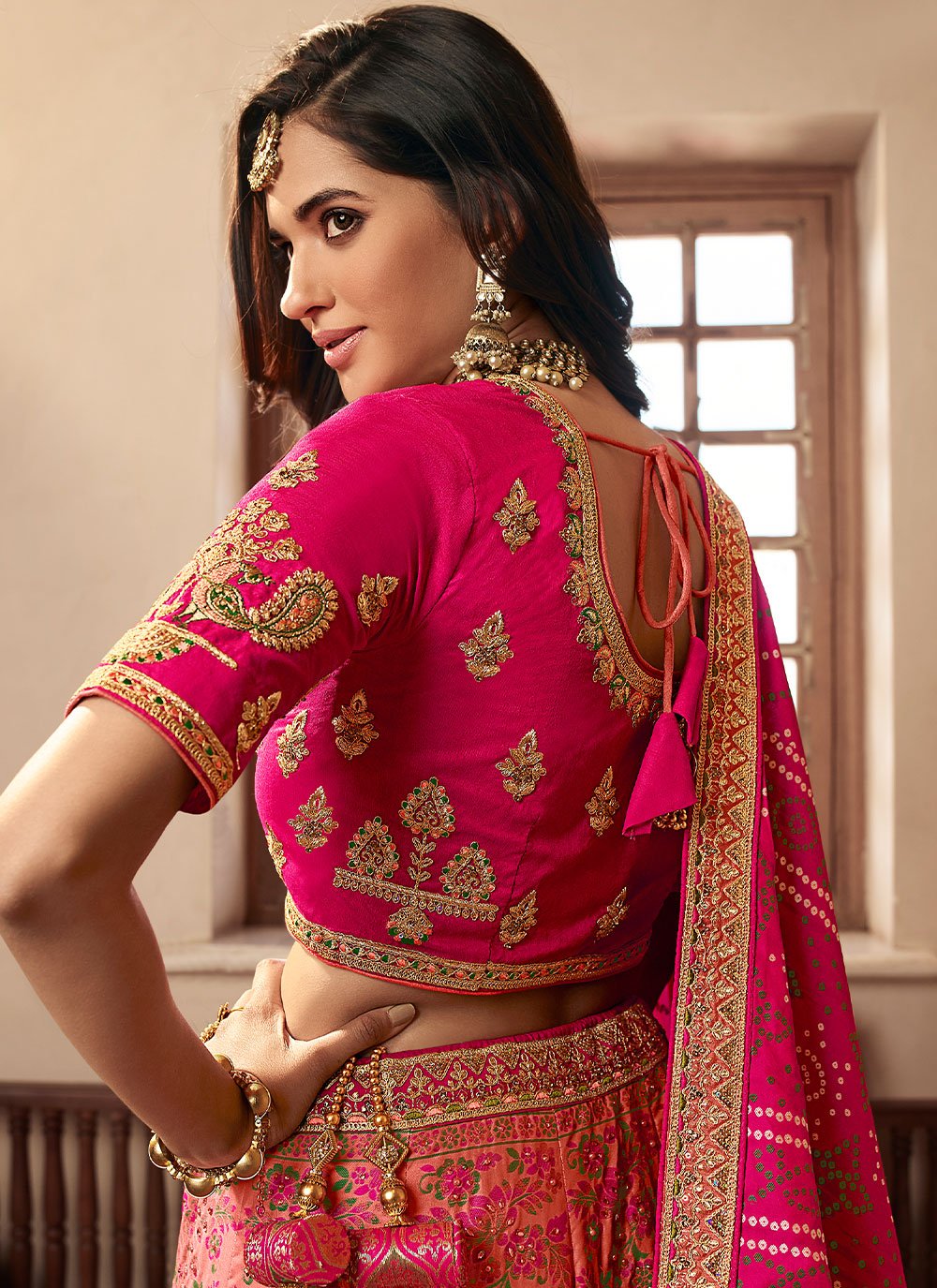 A Line Lehenga Banarasi Silk Peach Rani Embroidered Lehenga Choli