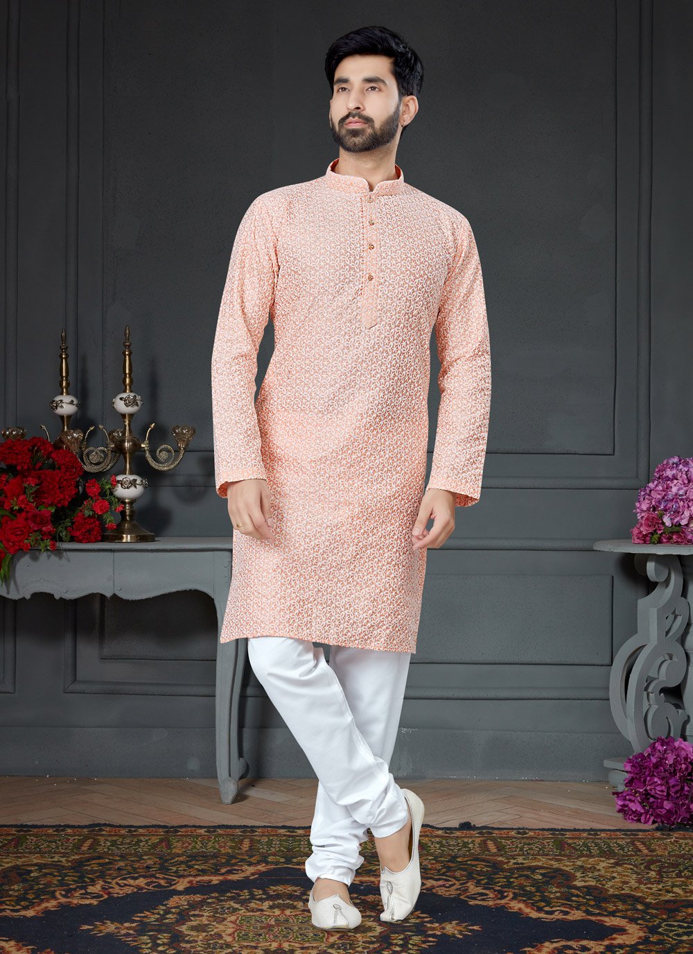 Kurta Pyjama Art Silk Cotton Peach Embroidered Mens