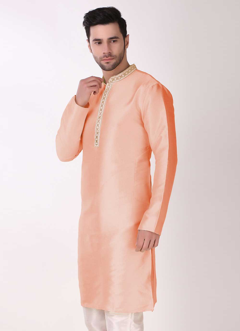 Kurta Pyjama Art Silk Peach Embroidered Mens