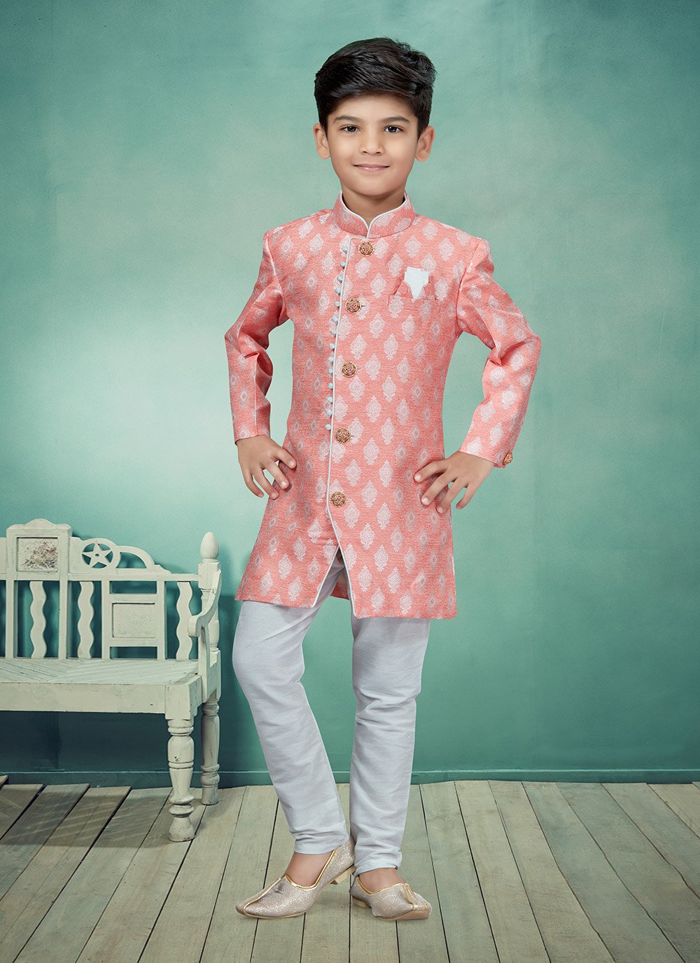 Indo Western Banarasi Jacquard Peach Lace Kids