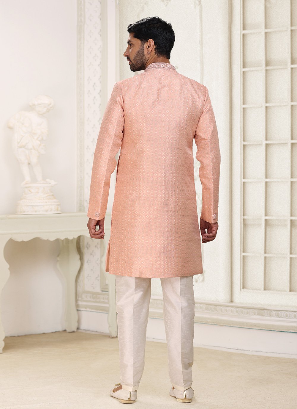 Indo Western Banarasi Jacquard Peach Fancy Work Mens