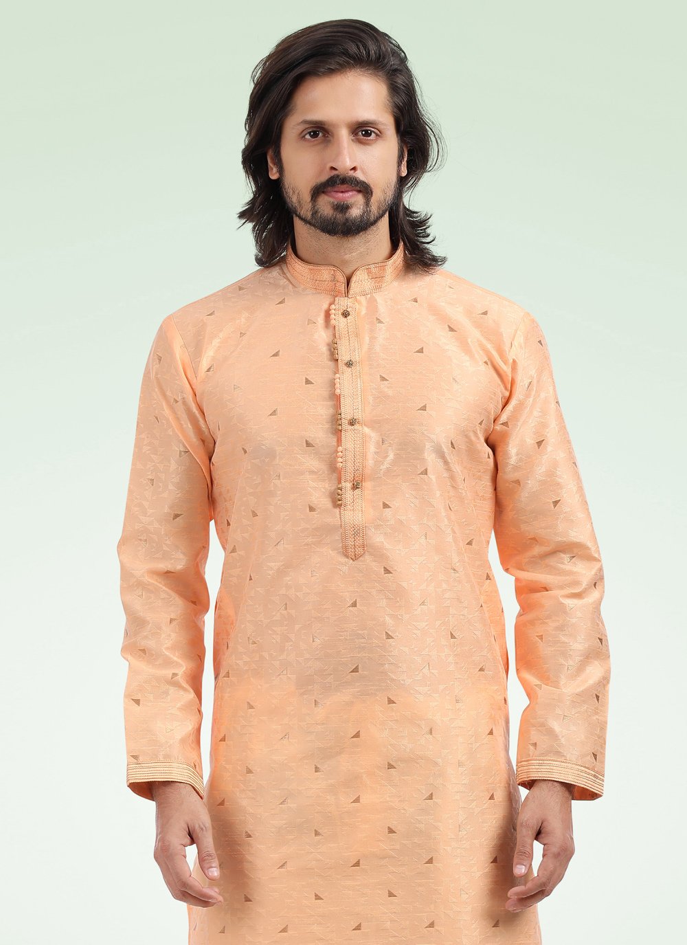 Kurta Pyjama Banarasi Jacquard Peach Fancy Work Mens