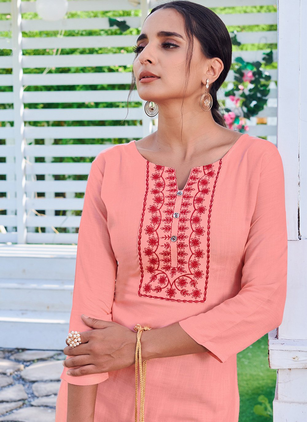 Designer Designer Kurti Rayon Peach Embroidered Kurtis