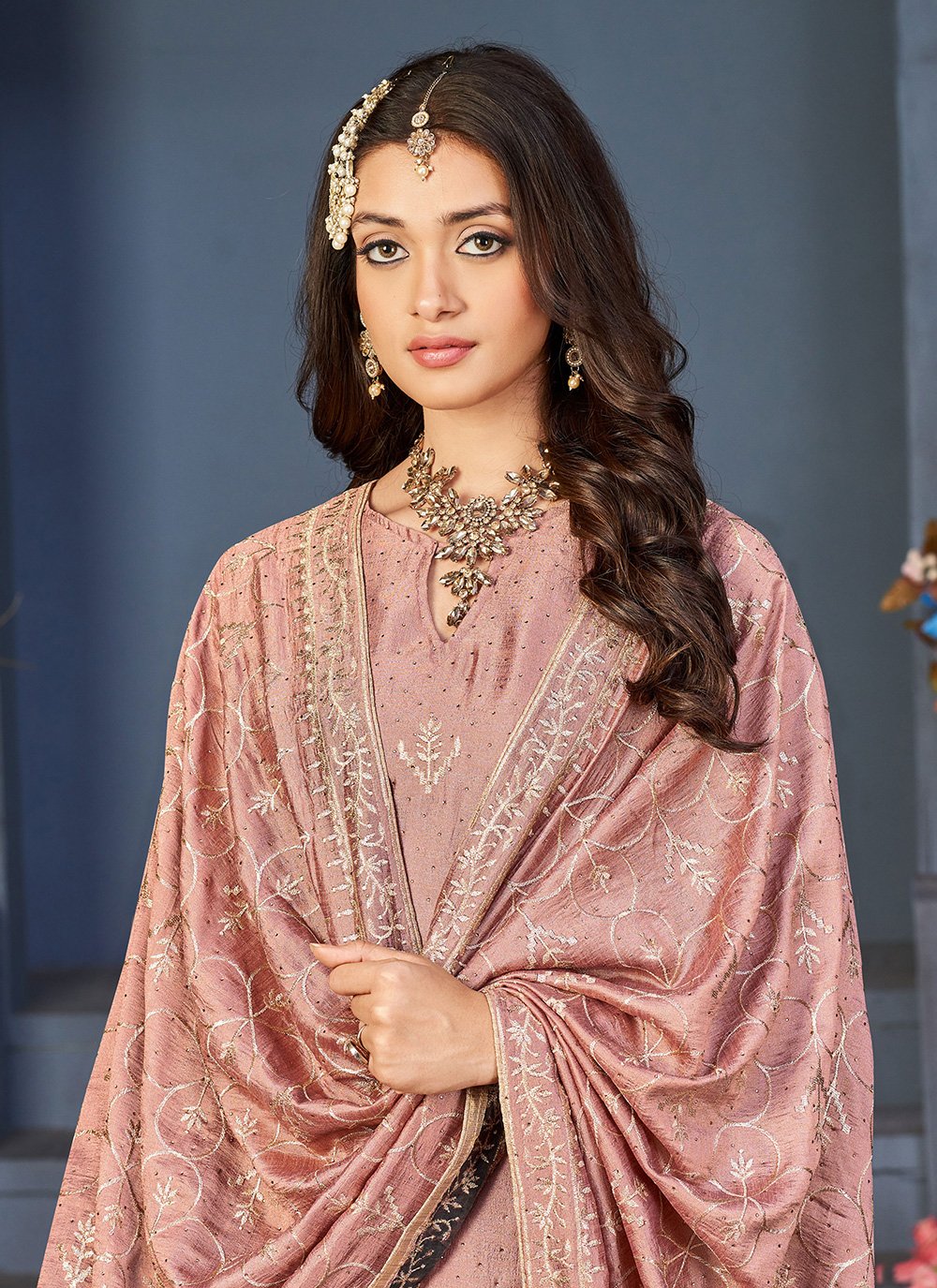 Pant Style Suit Pure Dola Peach Diamond Salwar Kameez