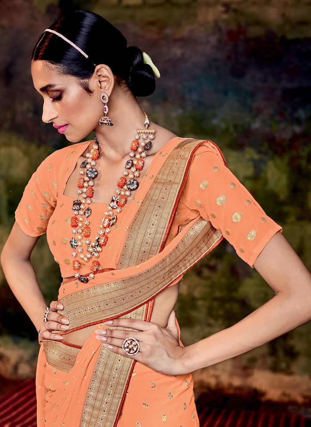 Classic Georgette Peach Foil Print Saree