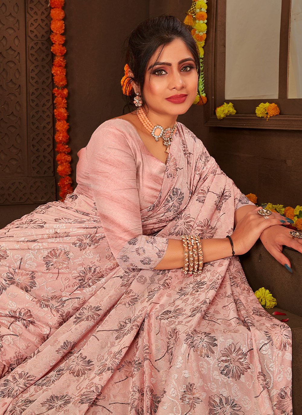 Classic Net Peach Print Saree