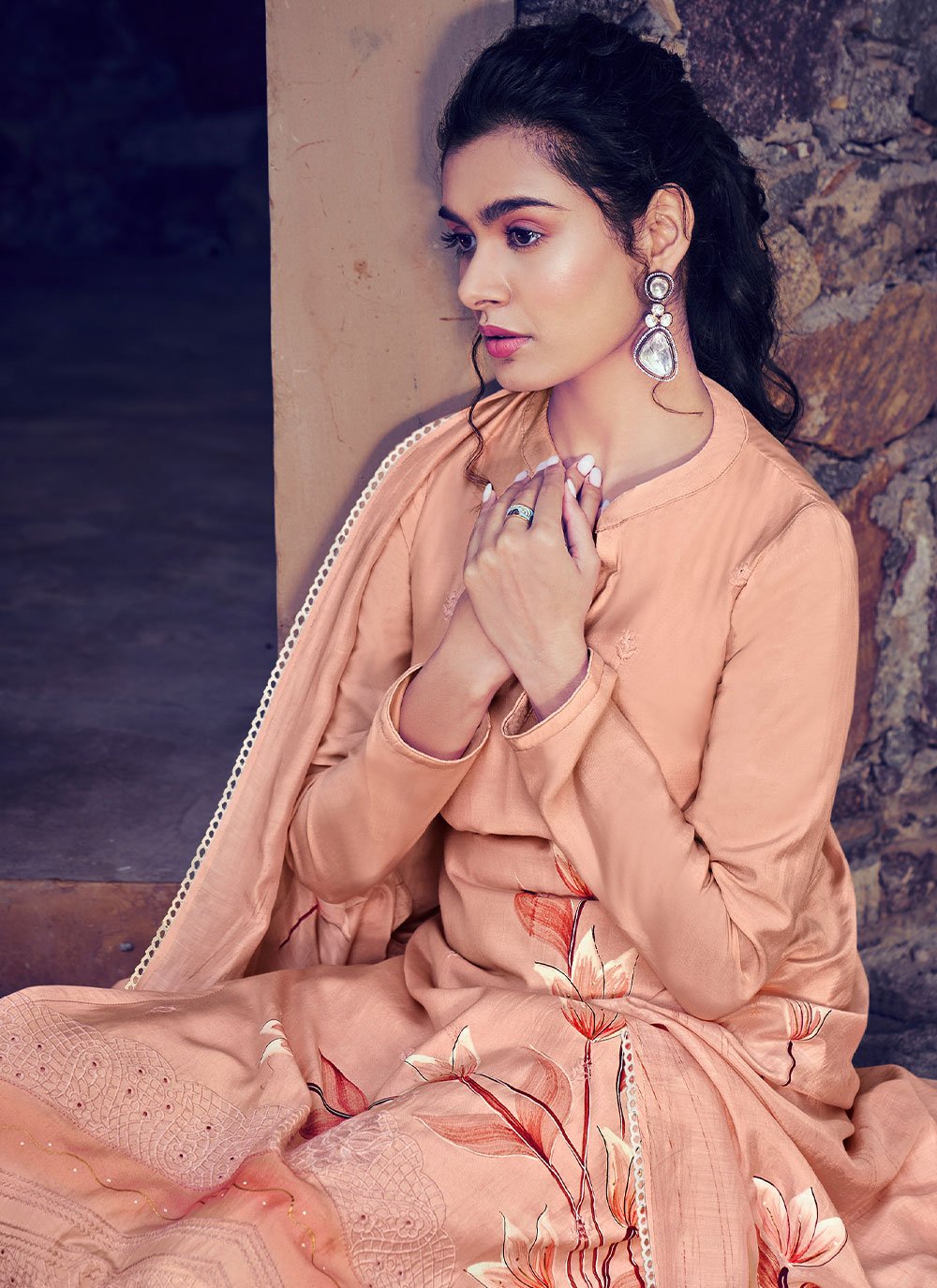 Floor Lenght Salwar Suit Bembarg Muslin Peach Embroidered Salwar Kameez