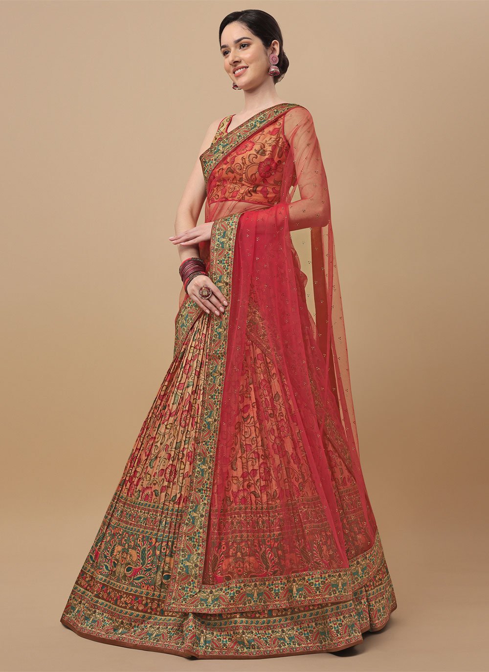 Lehenga Choli Silk Peach Digital Print Lehenga Choli