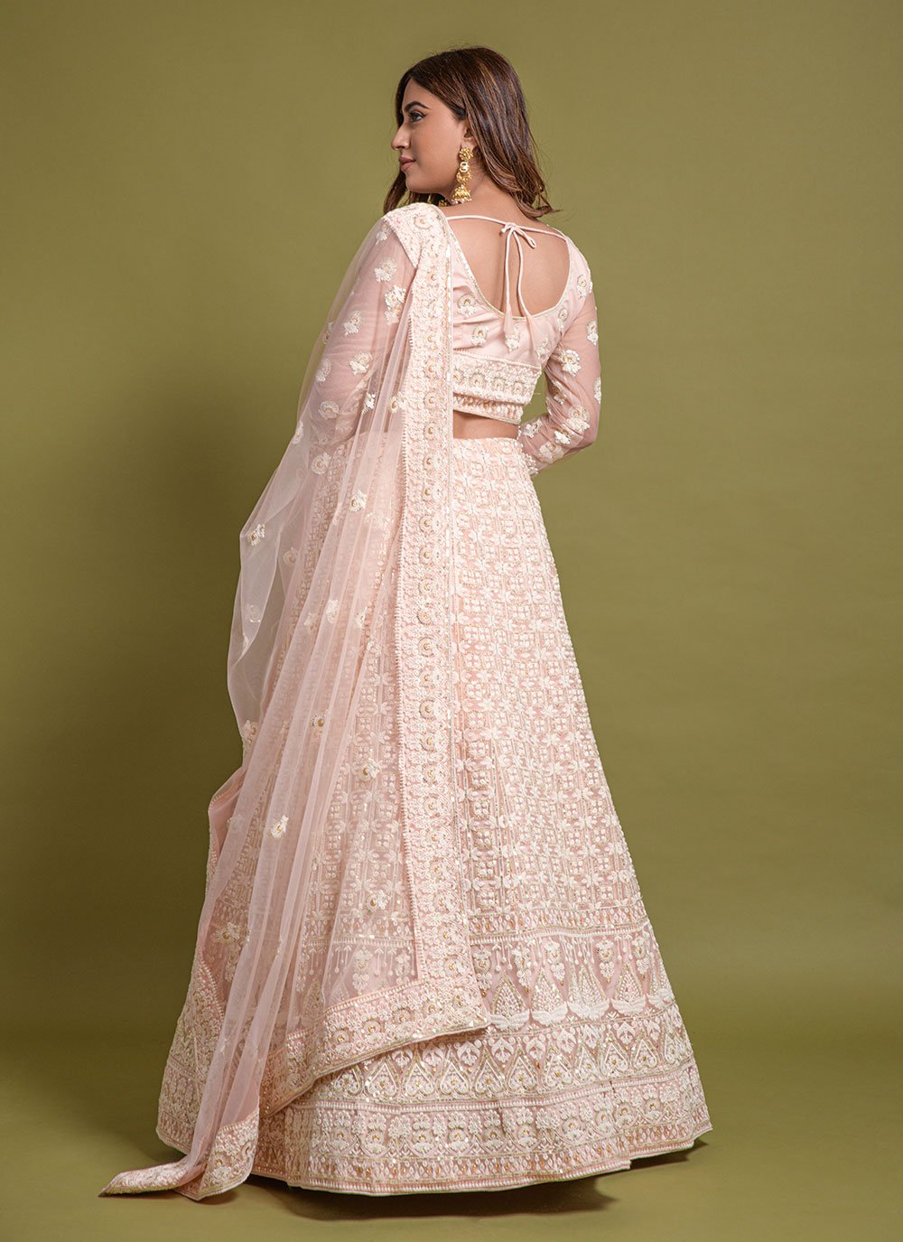 Lehenga Choli Net Peach Embroidered Lehenga Choli