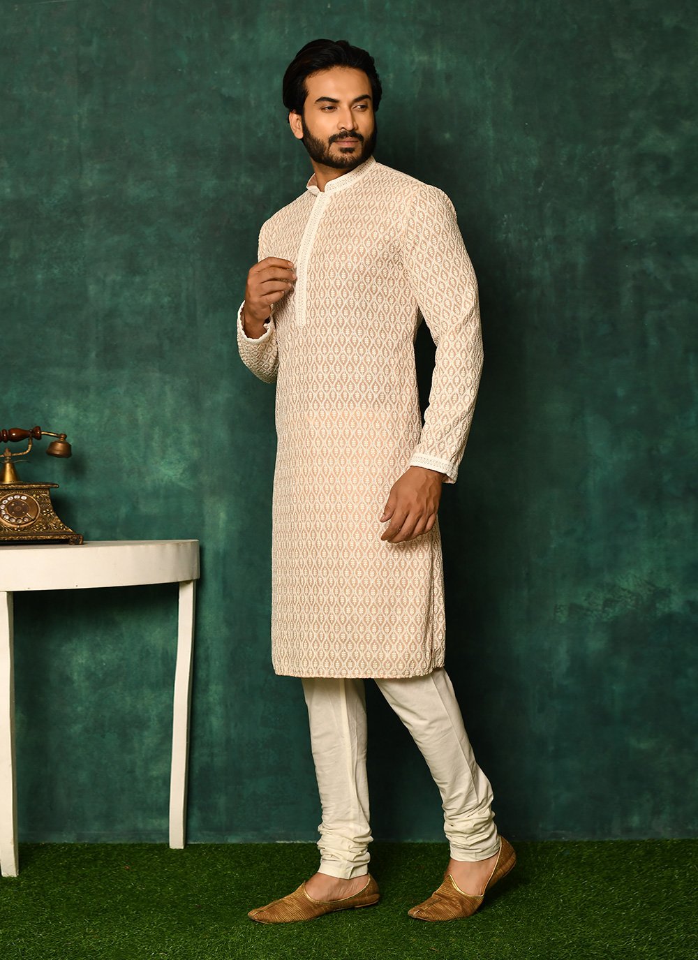 Kurta Pyjama Cotton Peach Chikankari Work Mens