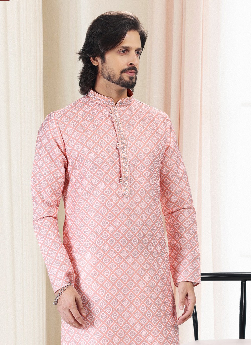 Kurta Pyjama Cotton Peach Fancy Work Mens