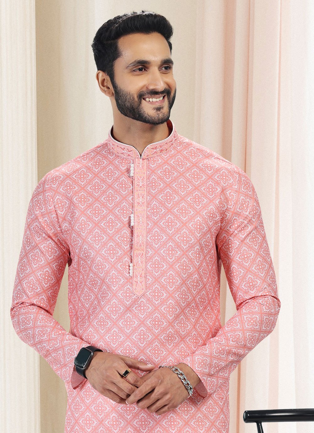 Kurta Pyjama Cotton Peach Fancy Work Mens
