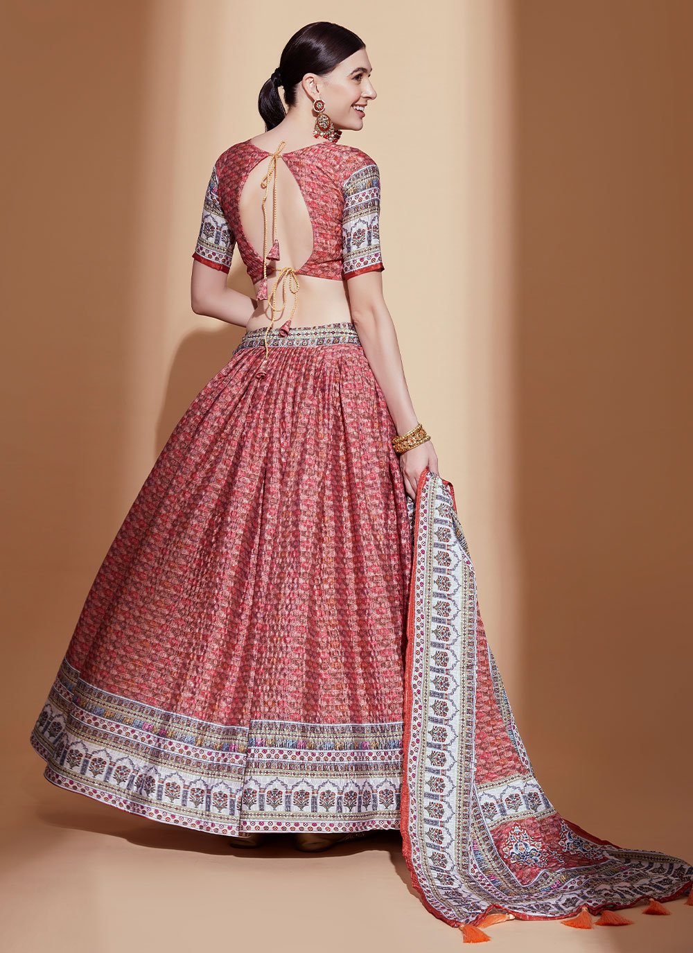 A Line Lehenga Chinon Peach Digital Print Lehenga Choli